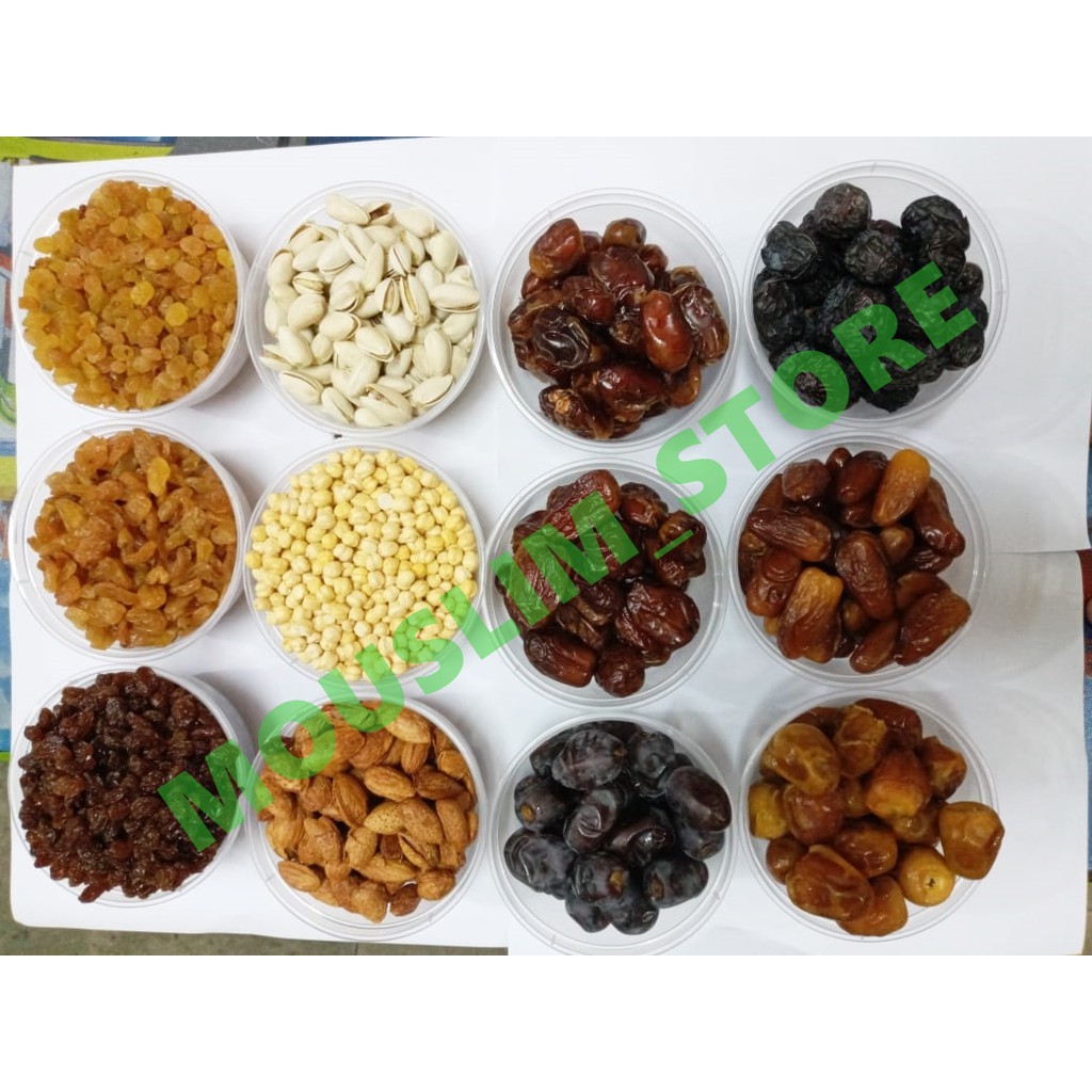 

Kurma sukari/kurma ajwa/kurma madu/Kacang arab/pistacios/almond/fustuk/coklat/garam himalaya dll....