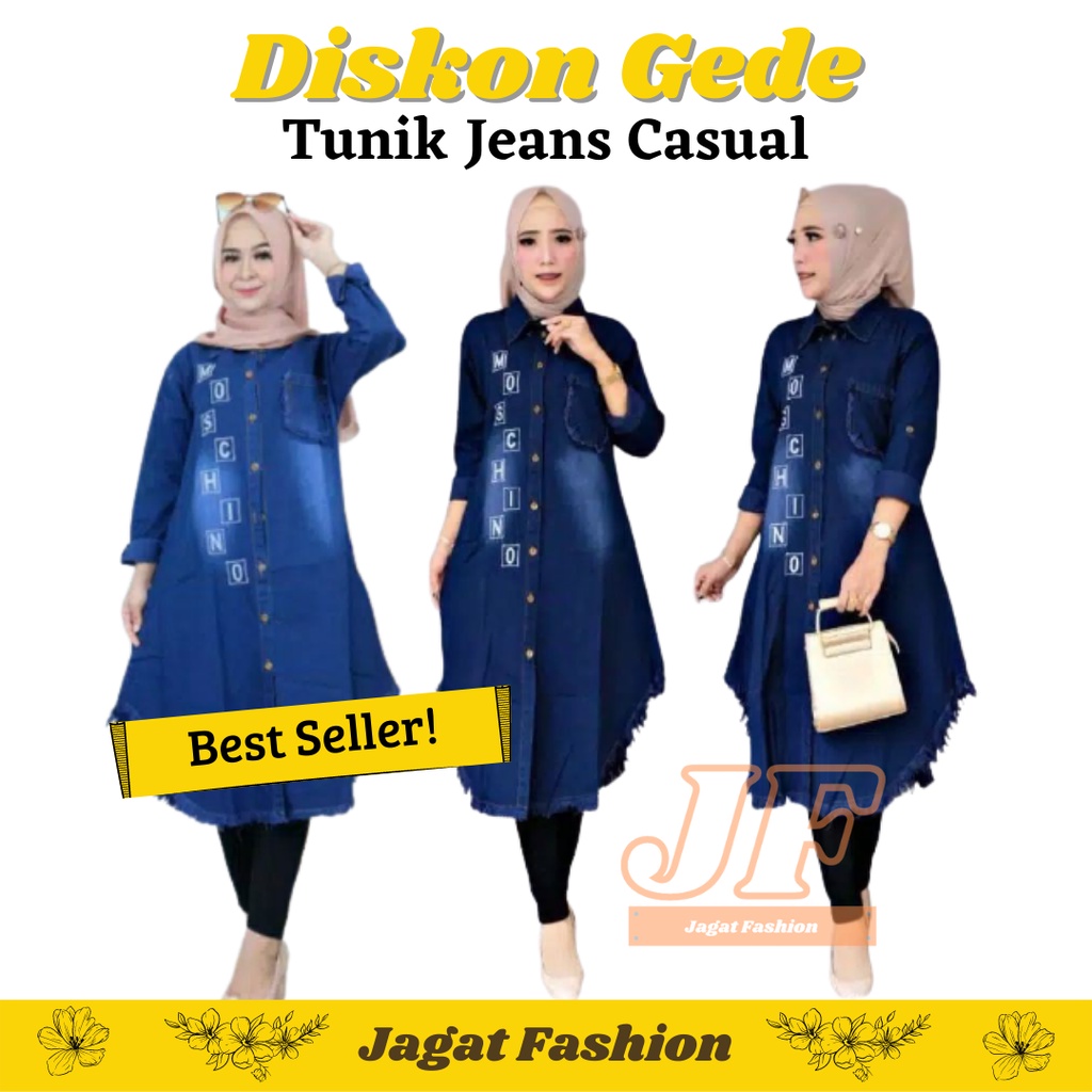 Diskon Gede Mochi Tunik Denim Wanita Casual Kemeja Wanita Lengan Panjang Jumbo