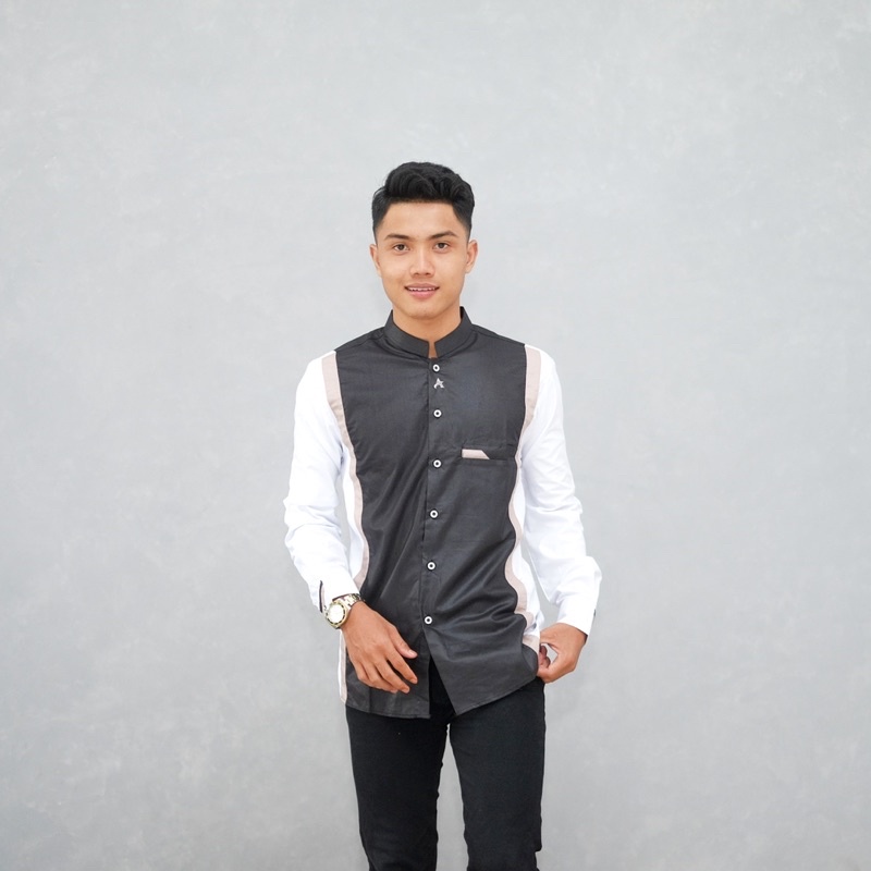 Baju Koko Pria Lengan Panjang Motif koboy Warna Hitam Premium Kombinasi Putih List Crem Original