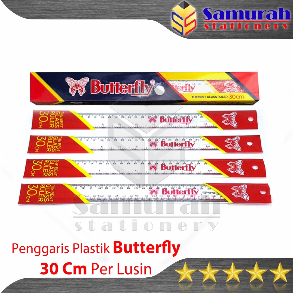 

Baru Penggaris Plastik Buterfly 30 Cm Per Lusin / Mika Glass Ruller Butterfly / Alat Ukur Panjang 30