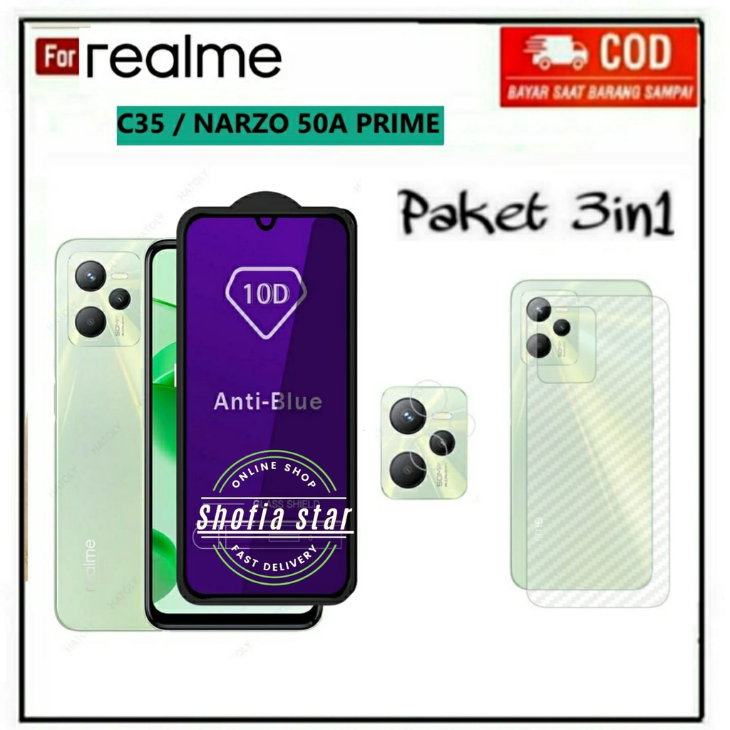 3IN1 TEMPERED GLASS BLUE LIGHT REALME C35 NARZO 50A PRIME TG LAYAR ANTI RADIASI KACA FULL COVER