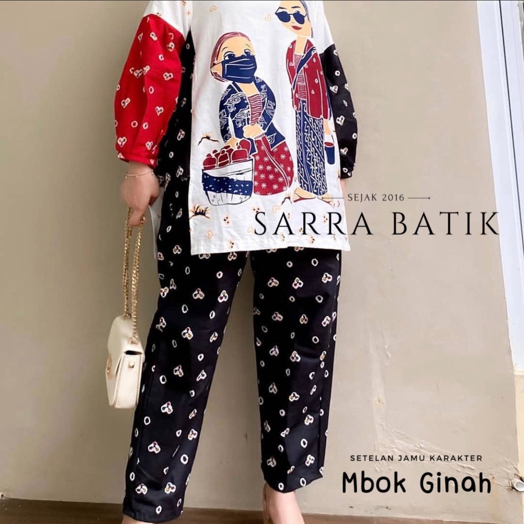 Setelan Jamu Karakter Mbok Ginah Batik Set CP Kartun Jumputan Solo One Set Daily Set Muslim Casual Kerja Kantor