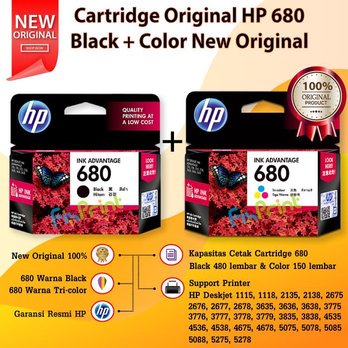 Cartridge Tinta HP 680 Black Color Printer 1115 1118 2135 3635 3835 Original