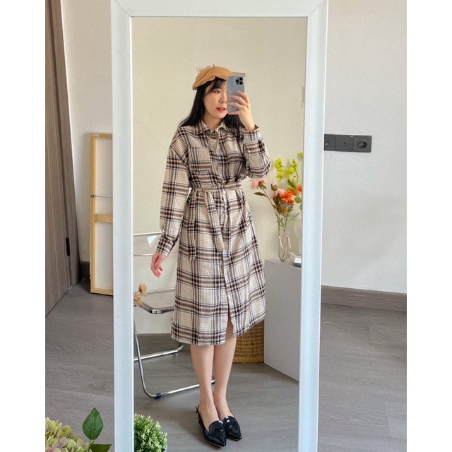 KANON - Iwa Flannel Dress - Dress kemeja midi flannel dengan belt