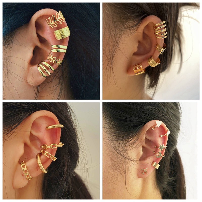 Fancyqube Anting Klip Tanpa Tindik Desain Daun Warna Hitam Emas Untuk Pria Dan Wanita