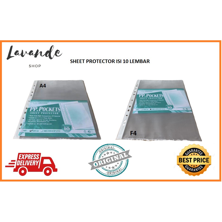 

SHEET PROTECTOR A4 & F4 / PLASTIK PELINDUNG FILE / PP POCKET A4 & F4 ISI 10 LEMBAR TEBAL