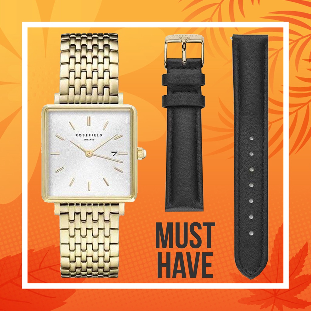 Rosefield Jam Tangan Wanita The Boxy White Sunray Steel Gold + Black Stitched Strap BWSBG-X242