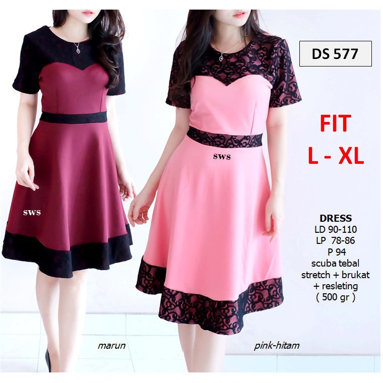 FKDS577 - DRESS PESTA FLARE LACE BRUKAT HITAM BODYCON SEPAN MURAH GROSIR