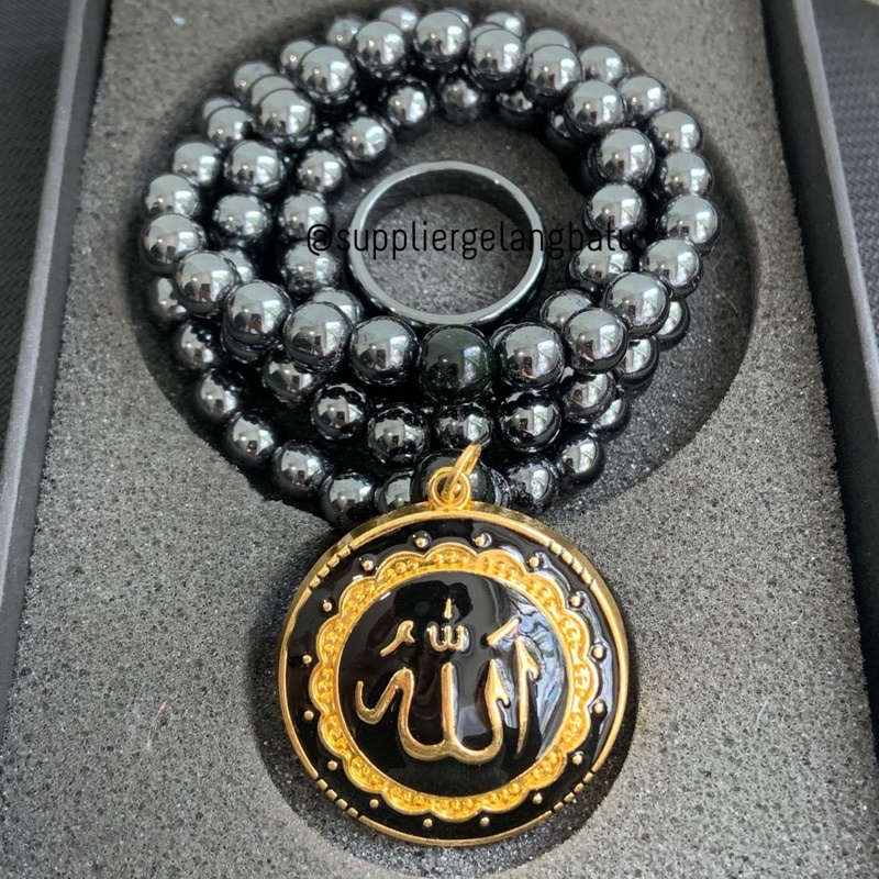 PAKET CINCIN kalung Allah Gold Blustin Black Jade Premium