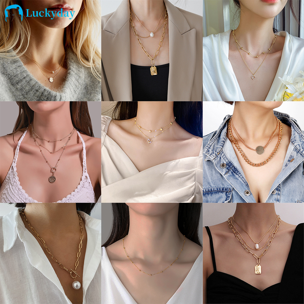 YEEZII Kalung Rantai Multilayer Desain Bintang Bulan Butterfly Mutiara Berlian Imitasi Warna Emas Untuk Wanita