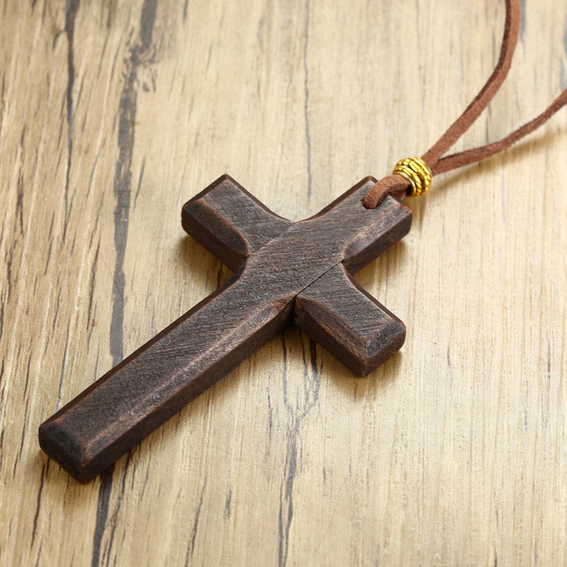 Wooden Cross Necklace On Leather Cord For Men Pendant In Black Brown Tone Jesus Christ Lord Prayer Jewelry