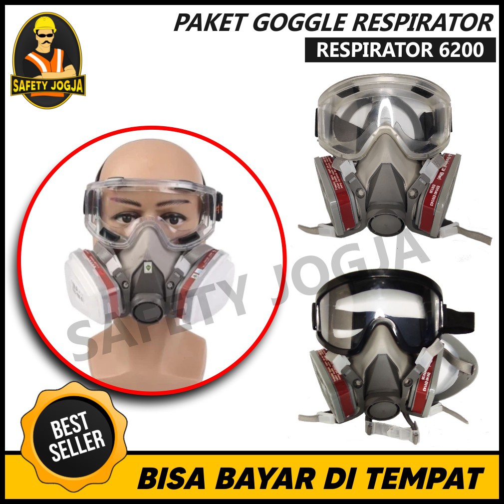 PAKET MASKER RESPIRATOR GAS MASK 6200 DAN GOOGLE SAFETY CLEAR