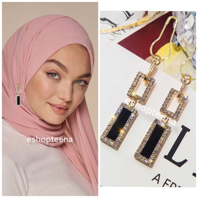 A112 Anting hijab juntai petak black diamond