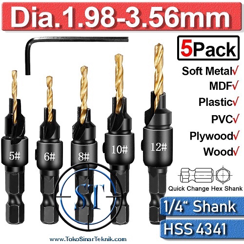 1 set isi 5pcs Mata Bor Countersink Woodworking Screw Holes Drill Bit Wrench Kayu bes Alumunium HSS i Plus Kunci L