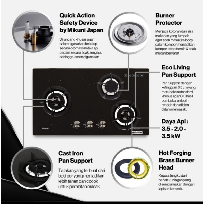 Built-In Gas Hob Kompor Gas Tanam 3 Tungku Rinnai RB 3 SS C SB