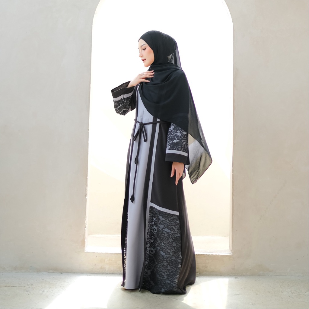 Reysha Abaya Maxi Dress Motif Renda Dikerjakan Oleh Tenaga Ahli 100% Ori Dan Realpict, Exclusive Fashion Gamis Muslim Dengan Desain Outer Aksen Brukat Diatur Bisa COD-Silver