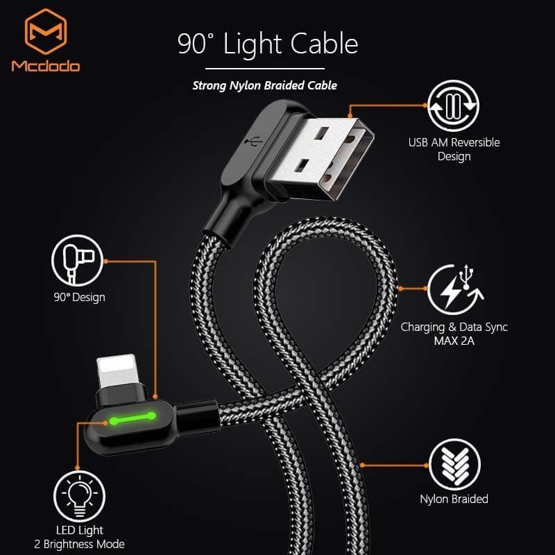 MCDODO Kabel Charger Gaming Lightning iPhone 2A Green LED 1.2m CA-4671