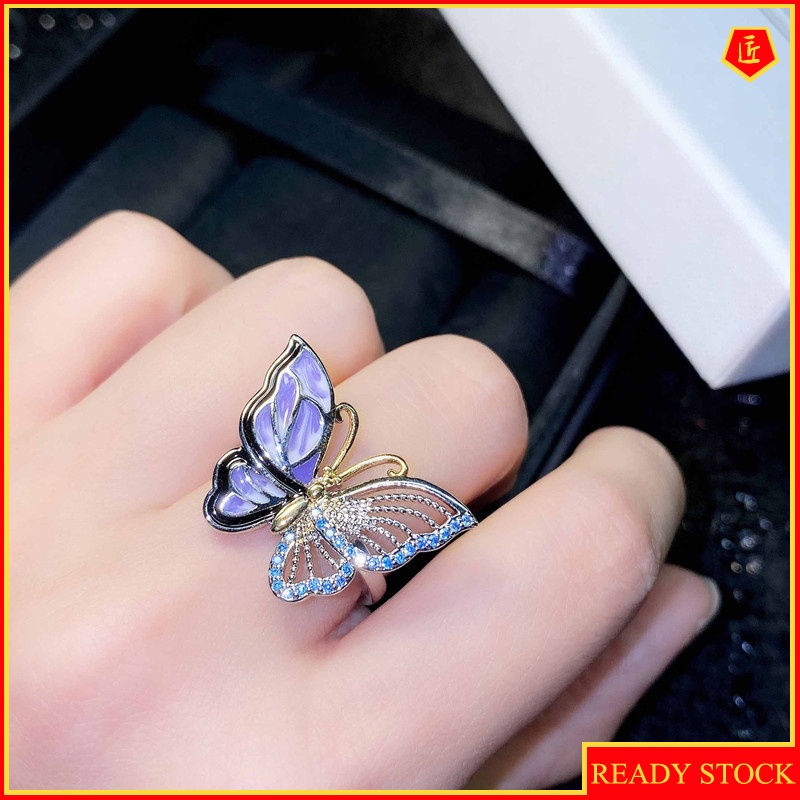 [Ready Stock]Advanced Exquisite Hollow Jeweled Colorful Butterfly Ring Sweet