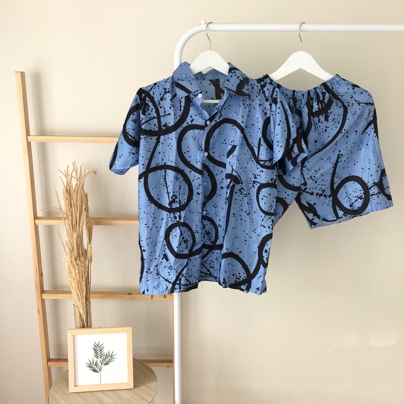 hirafa - One Set Setelan Atas Bawah Full Kancing / Baju Santai Tie Dye / Baju Wanita Pria-Ring - Blue