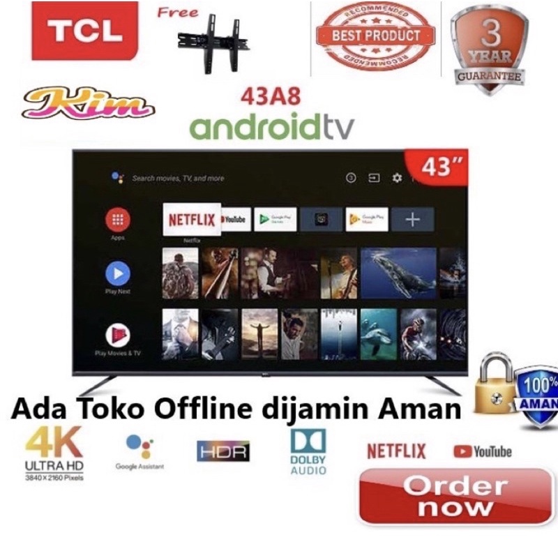 FREE BREKET !!! TCL LED TV 43 inch 43A8 SMART ANDROID DOLBY AUDIO - GARANSI RESMI