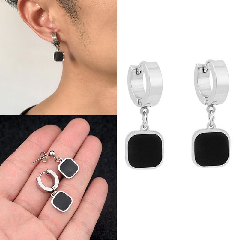 1 Pasang Stainless Steel Temperamen Fashion Hitam Anting-Anting Persegi Tanpa Tindik Telinga Klip