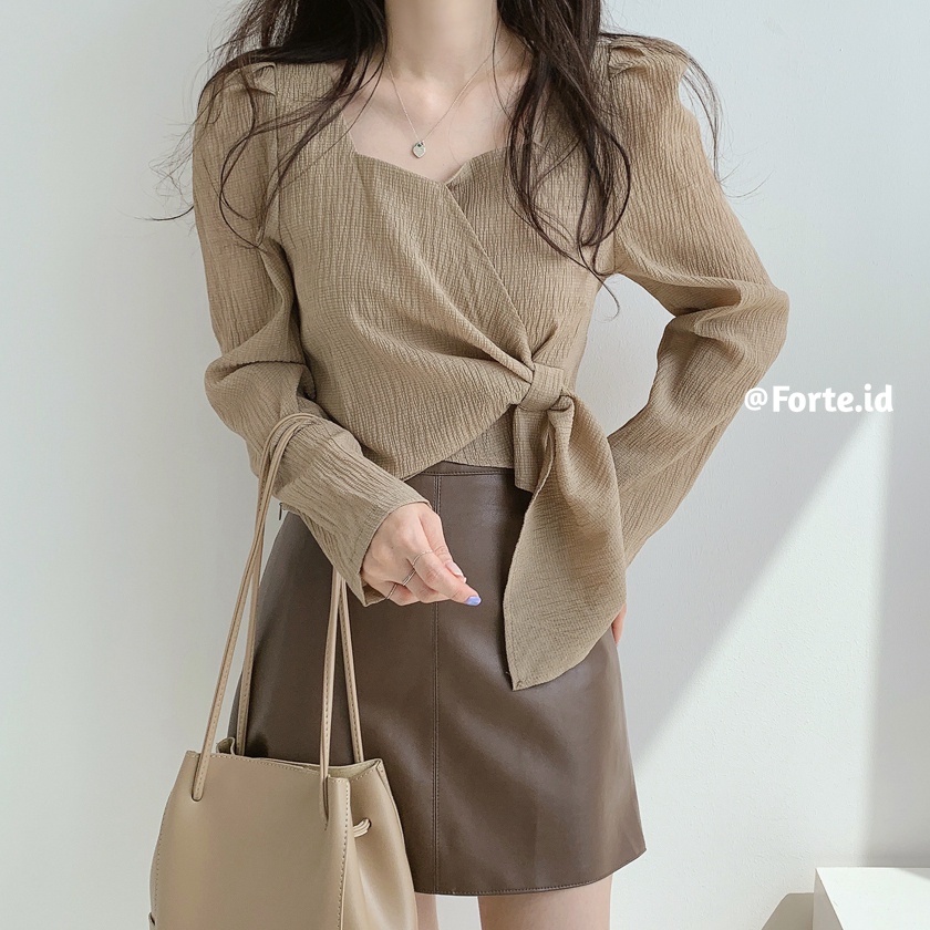 Wrap Top Kemeja Lengan Panjang Wanita Terbaru Crinkle Blouse Import Korean Style Shirt Crop Hitam