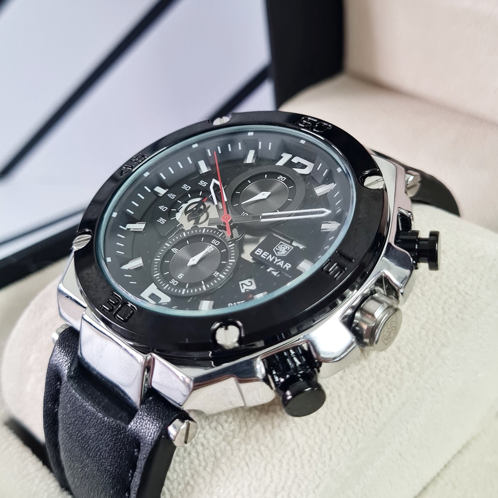 Promo (COD) Jam Tangan Pria Original BENYAR Fortune Navy Tali Hitam Black Kulit Leather Analog