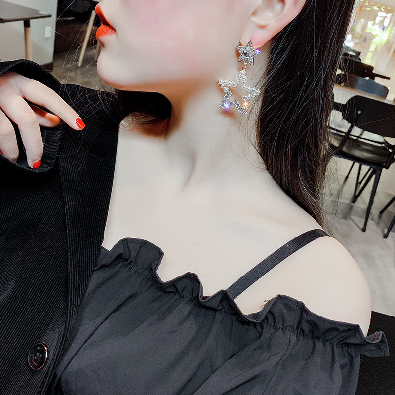 Anting Tusuk Sterling Silver 925 Desain Bintang+Bulan Hias Mutiara+Berlian Gaya Korea Untuk Wanita