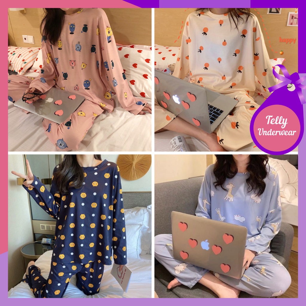 Telly Baju Tidur Wanita Kartun Lengan Panjang || Telly Piyama Wanita Kartun Import Polyster