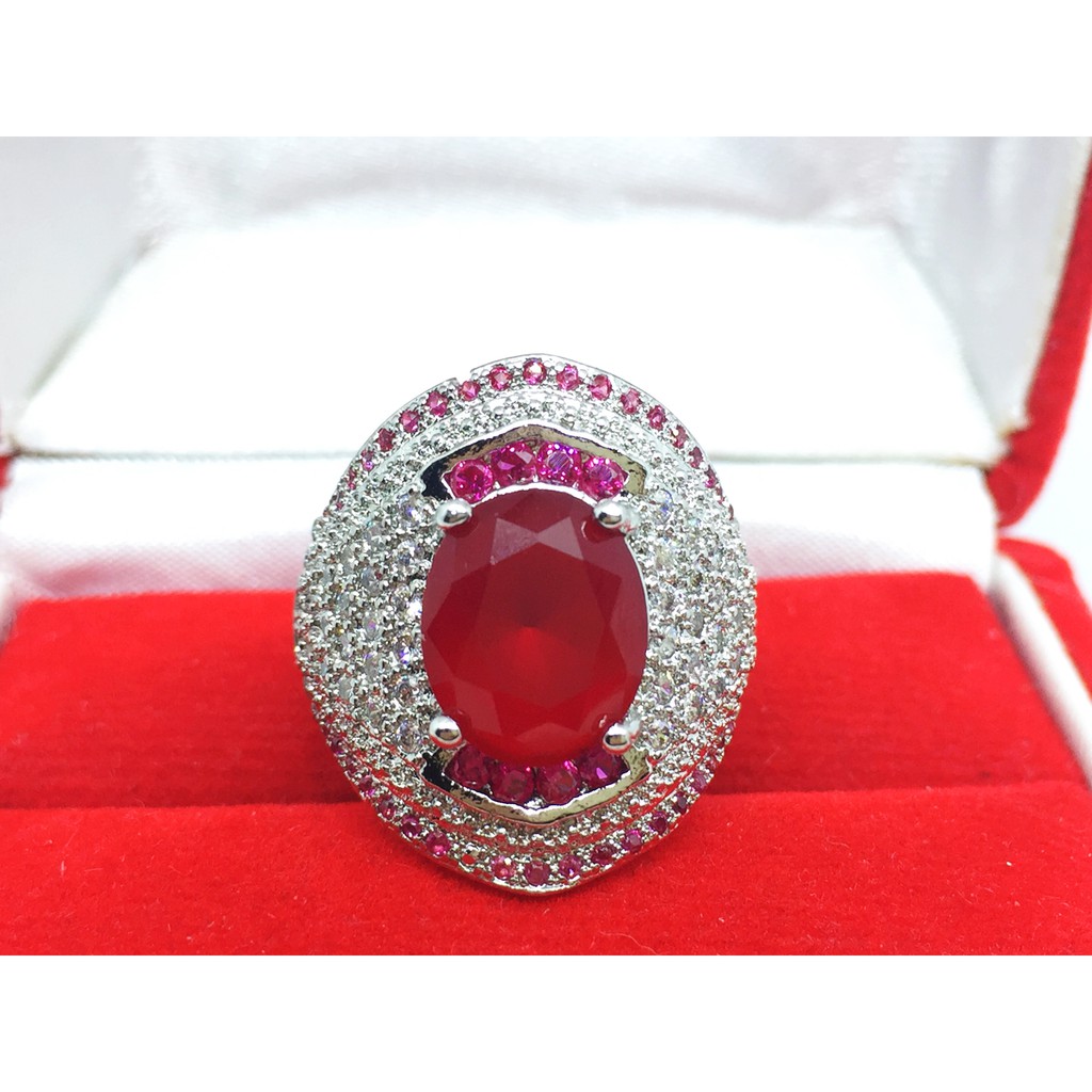 Cincin Lapis Emas Putih Besar Batu Merah Pinggir Fuschia Mewah - BR224