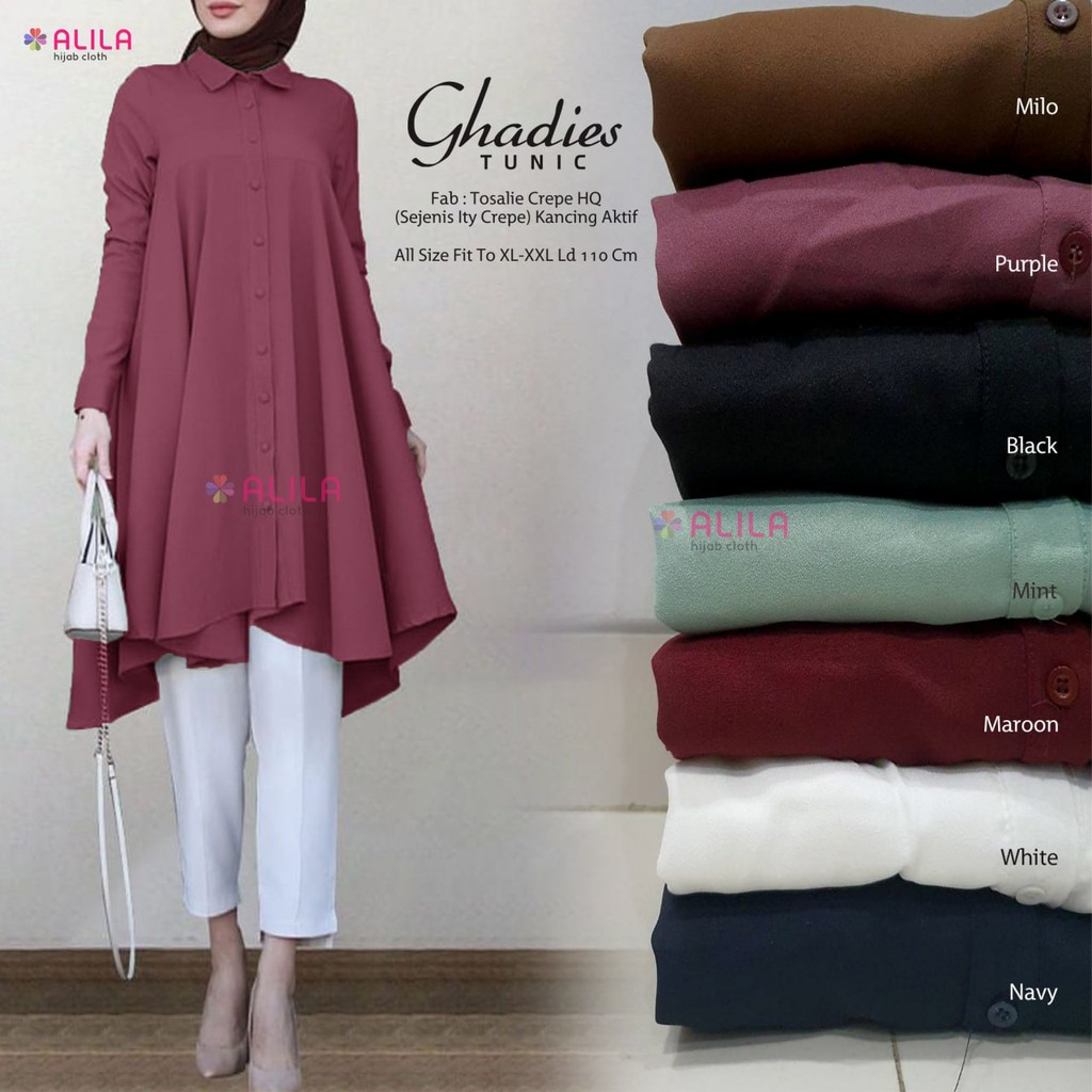 Fashion muslim tunik polos GHADIES jumbo lengan panjang putih hitam crepe LD 110 ORI ALILA  100%