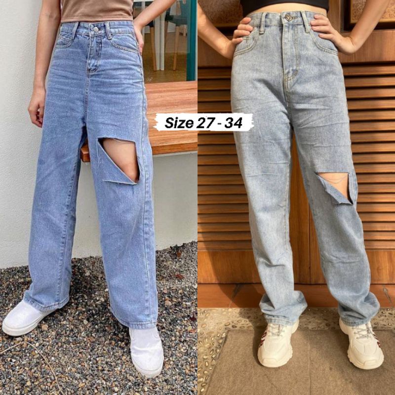 Celana Jeans Panjang Baggy Repped Jins Wanita Highwaist Sobek Hitam Snow biru