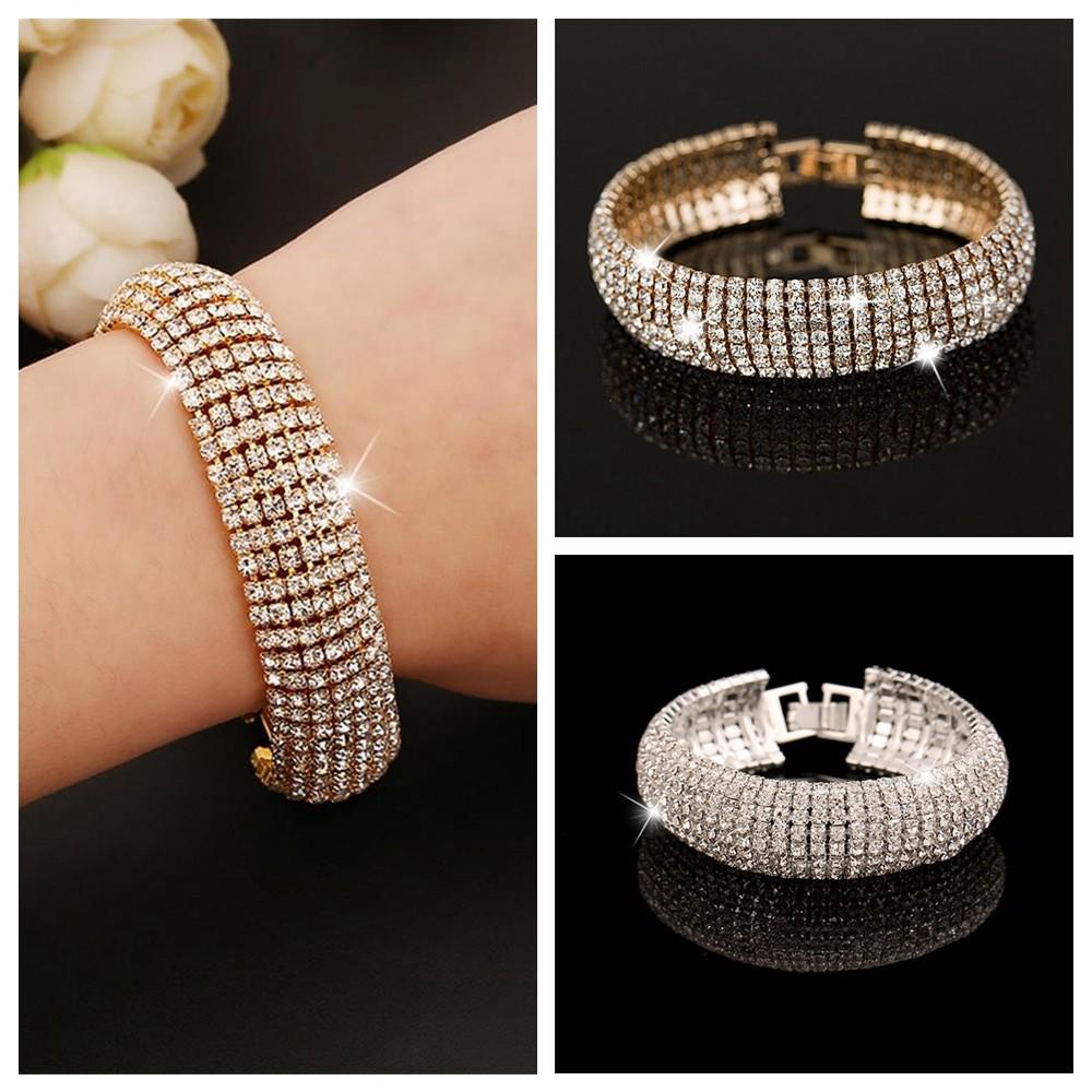 Solighter 7baris Gelang Kristal Pernikahan Fashion Wanita Berlian Imitasi Diamante Cuff Bangle