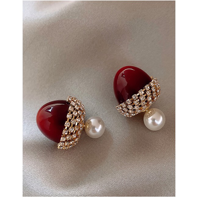 LRC Anting Tusuk Fashion Red Cherries Diamonds And Pearl Alloy V13566