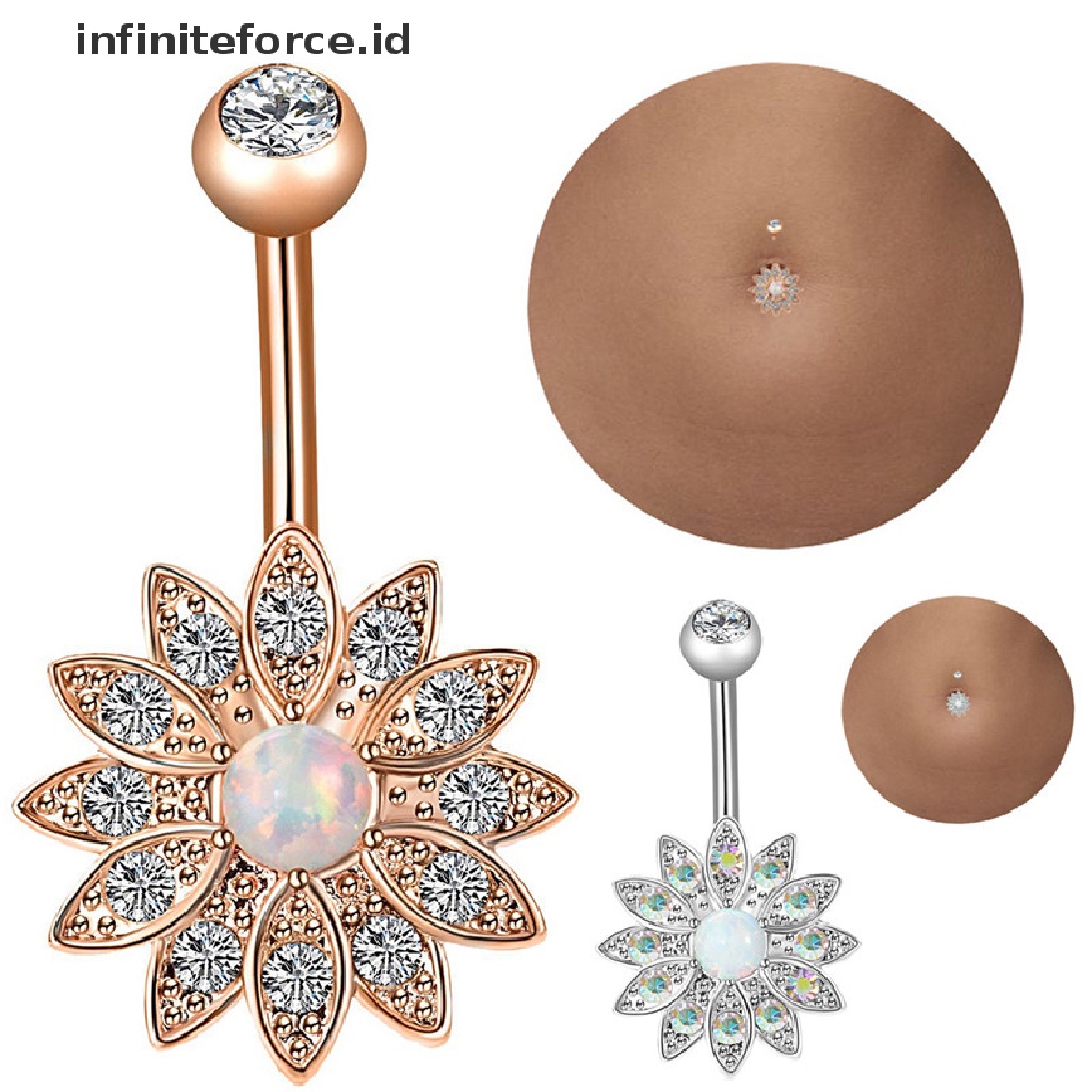 Infiniteforce.id 3pcs / Set Cincin Tindik Perut / Pusar Bahan Stainless Steel Hias Kristal Opal Untuk Wanita