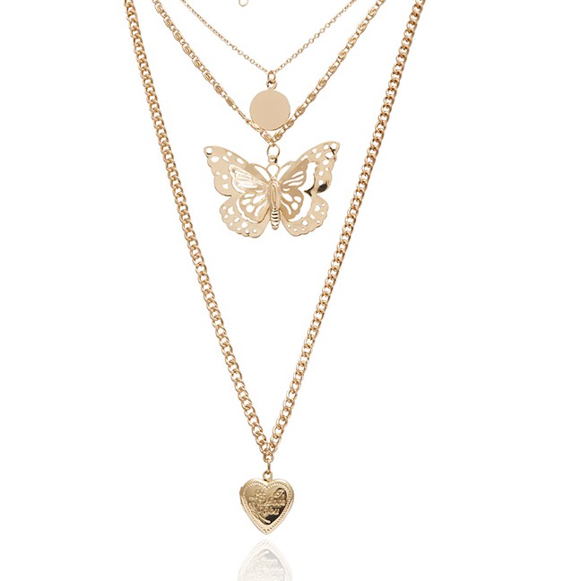 LRC Kalung Fashion K Three-dimensional Wafer Butterfly Hollow Heart Open Multi-layer Necklace