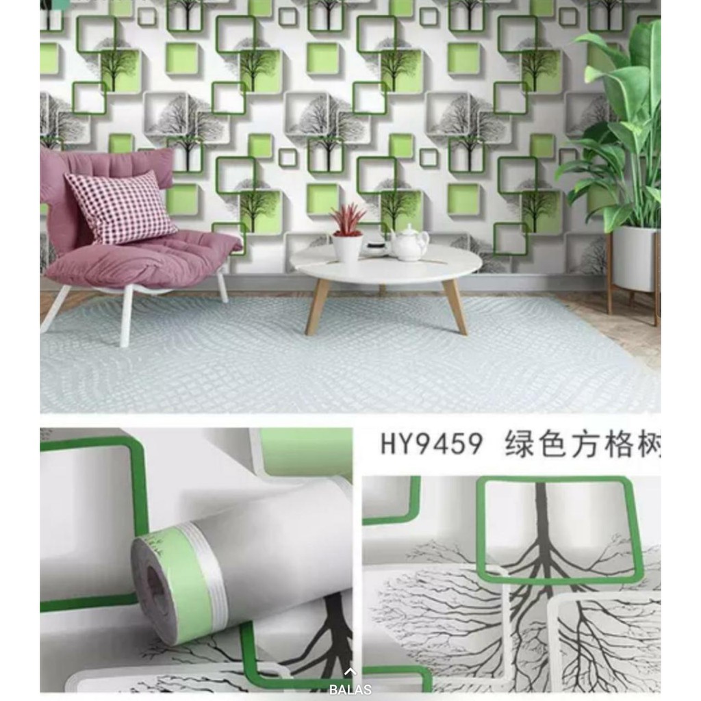 Wallpaper Sticker DInding 3D Pohon Kotak Hijau Walpeper Kamar Ruang Tamu Teras Rumah Cantik Elegan
