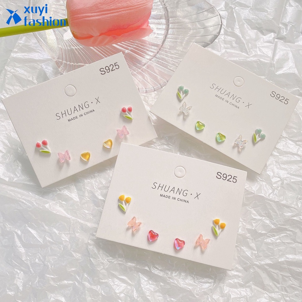 Anting S925 Silver Bentuk Bunga Tulip Kupu-Kupu Hati Gaya Korea Untuk Wanita
