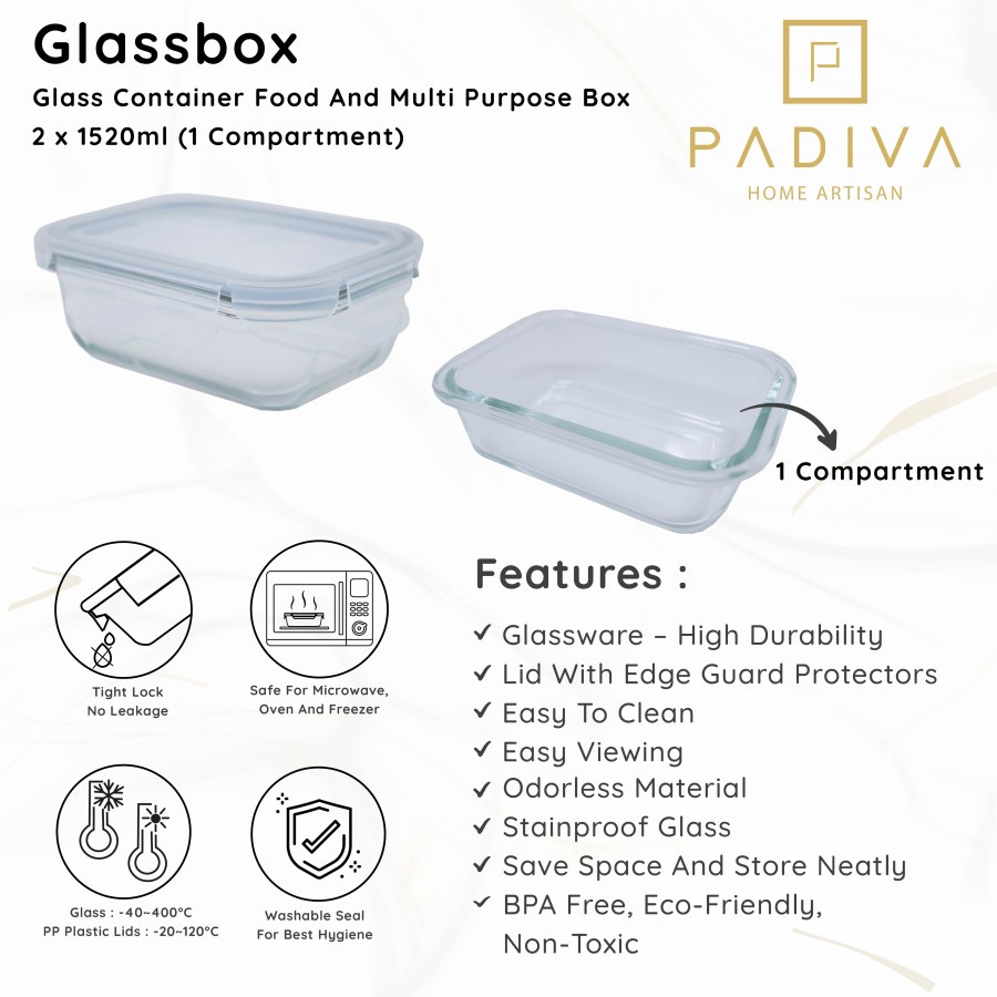 Padiva 1520ml (2pcs) Glassbox 1 compartment Kotak Makan Bekel Kaca Microwave Glass Box