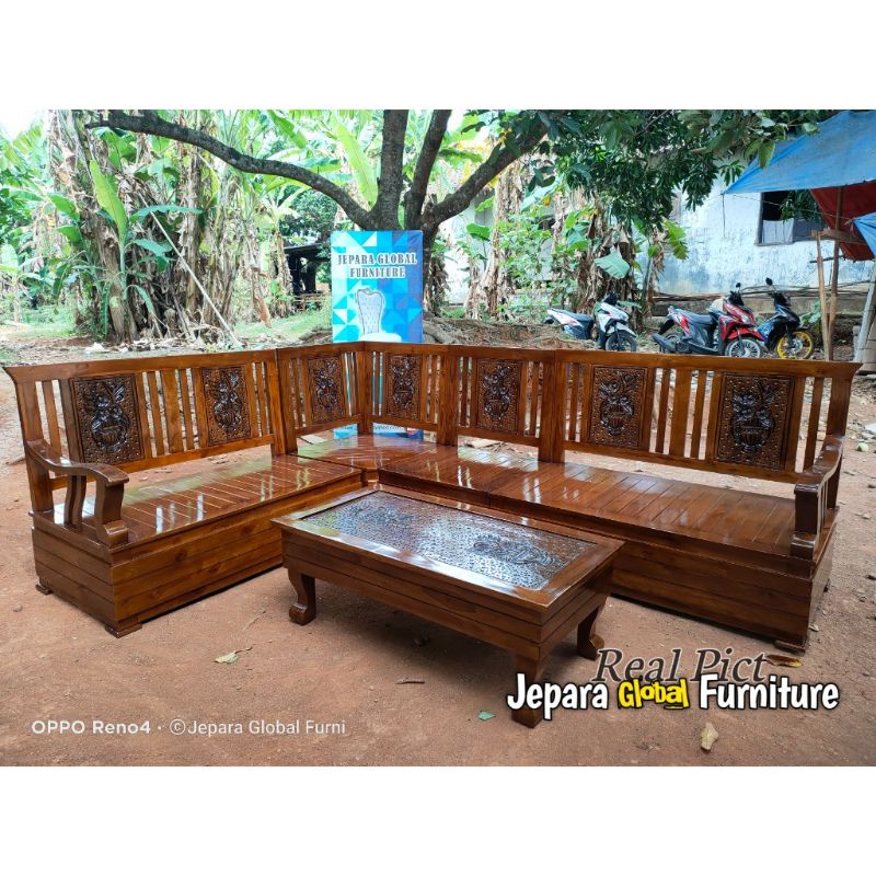 Kursi Tamu sudut Jati anak Gajah ( kursi sudut ukir jati,kursi Tamu L jati, kursi jati murah )