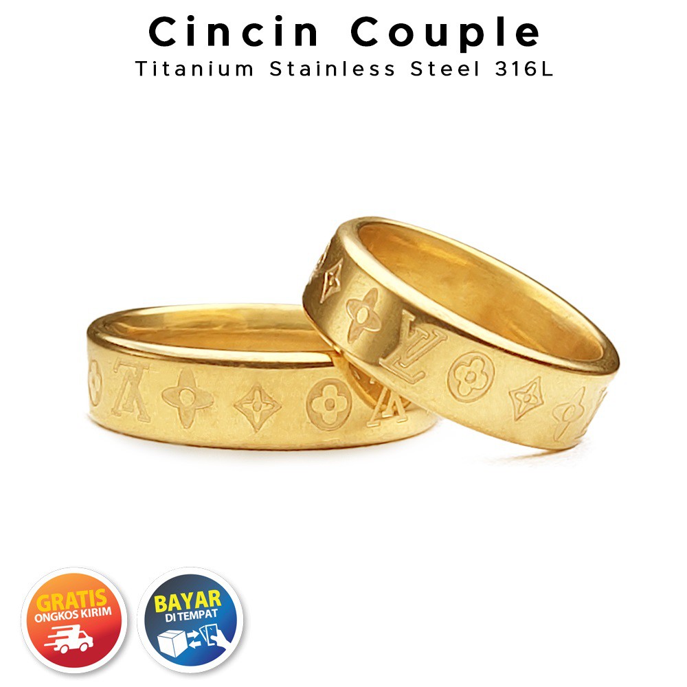 Cincin Kawin Udah Dapat 2 Pcs + Box Cincin lv mewah dan berkelas Berlapis Stainless Steel