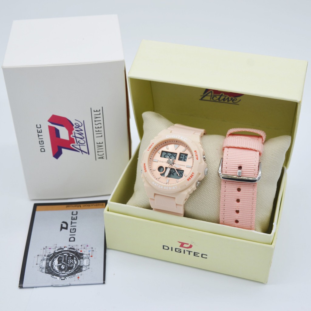 Jam Tangan Wanita Digitec 2108 Bonus Strap Kanvas Dual Time Digital Analog Original