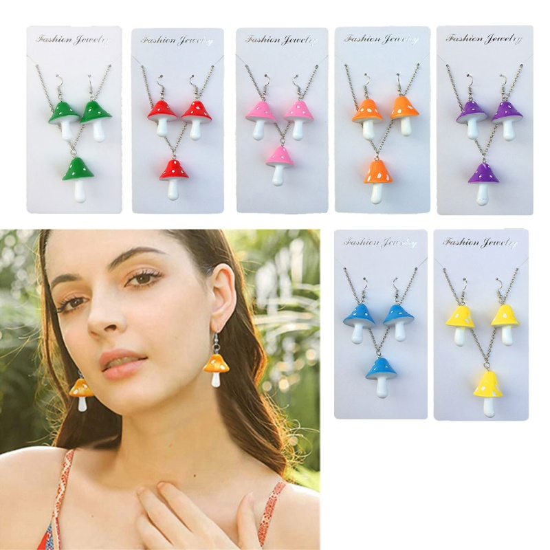 SIY  Colorful Mushroom Dangling Earrings Necklace Set Handmade Gummy Mushrooms Necklaces Rainbow Colored  Vegetables Jewelry