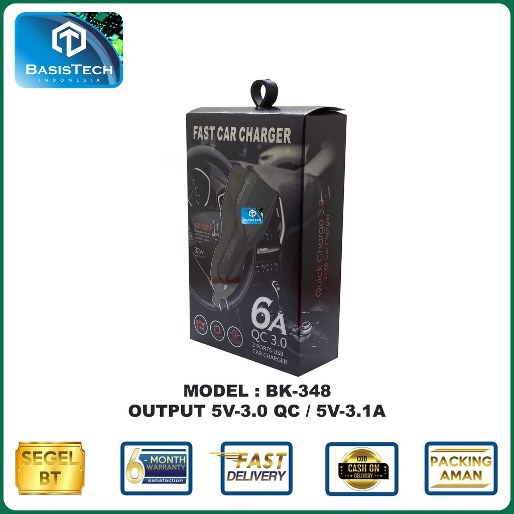 CHARGER MOBIL CASAN MOBIL 2 PORT USB 6A QC3.0 BK-348 FAST CHARGER