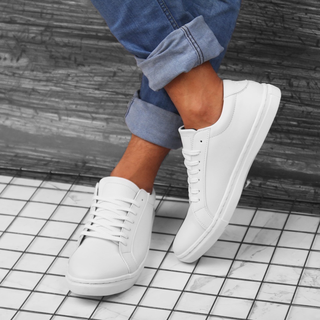 Sepatu Putih Pria Wanita Kulit Sneakers Casual Polos Kasual Simpel Cowok Cewek - Victor Full White