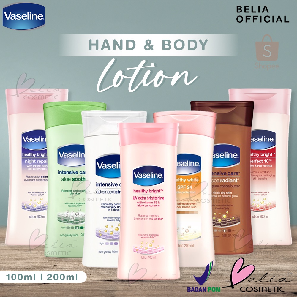 ❤ BELIA ❤ VASELINE Hand &amp; Body Lotion Series 100ml | 200ml | Healthy Bright | Inetnsive Care | UV Extra Brightening | Night Repair | Perfect 10 | Aloe Soothe | BPOM