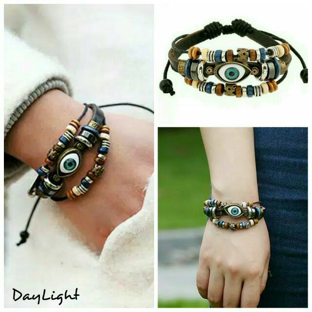 gelang kulit pria wanita couple leather multilayer turkish eye