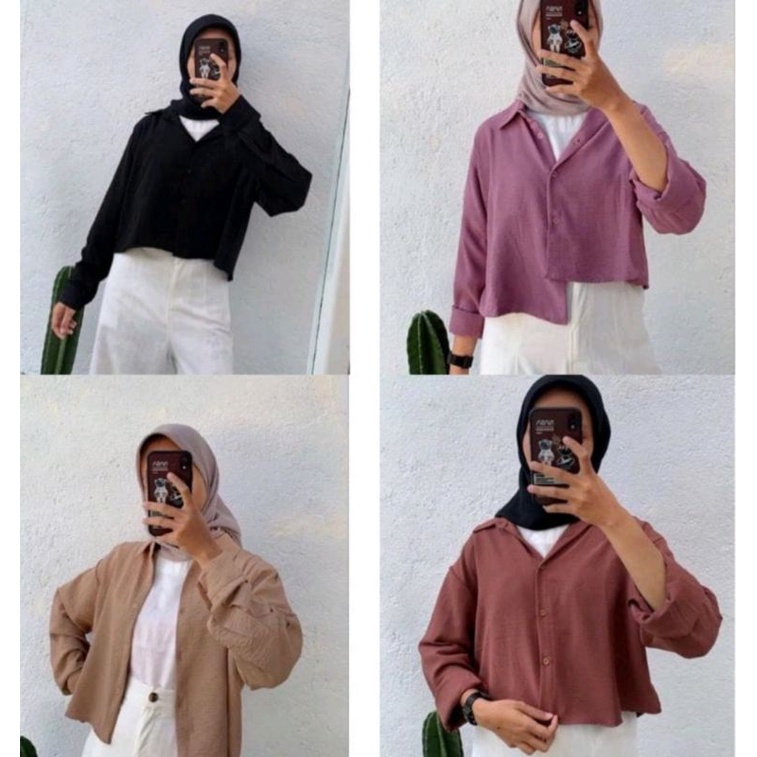 Kemeja Crop Kemeja Wanita Crincle Lengan Panjang