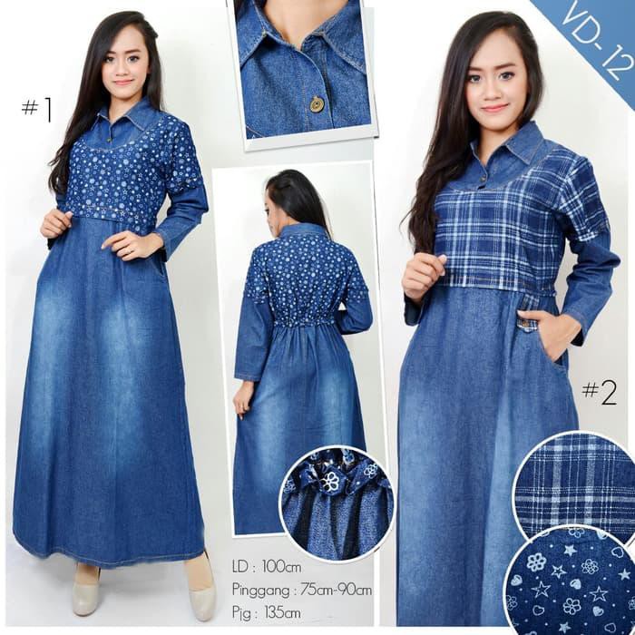 [gamis-wanita] Gamis maxi jeans dress kombinasi motif bunga kotak gamis hijaber denim