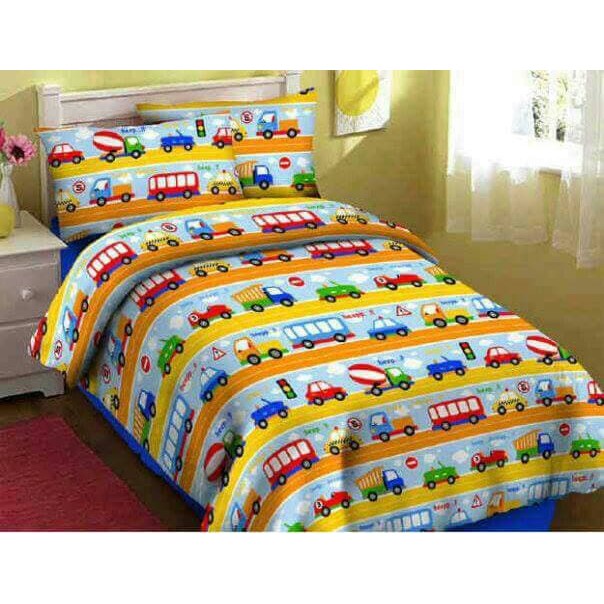 Sprei katun lokal motif anak cars kuning 160x200